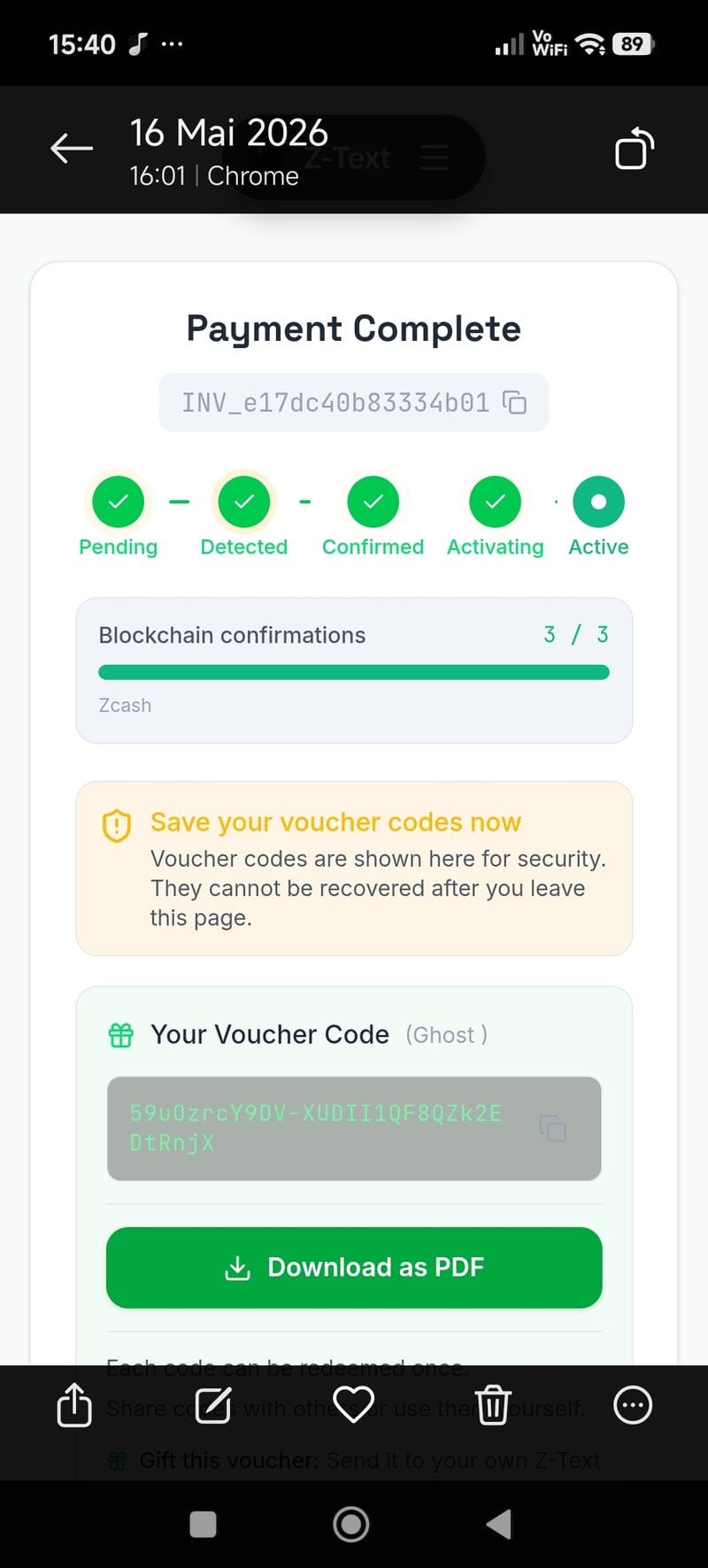 Z-TEXT payment complete — blockchain confirmed
