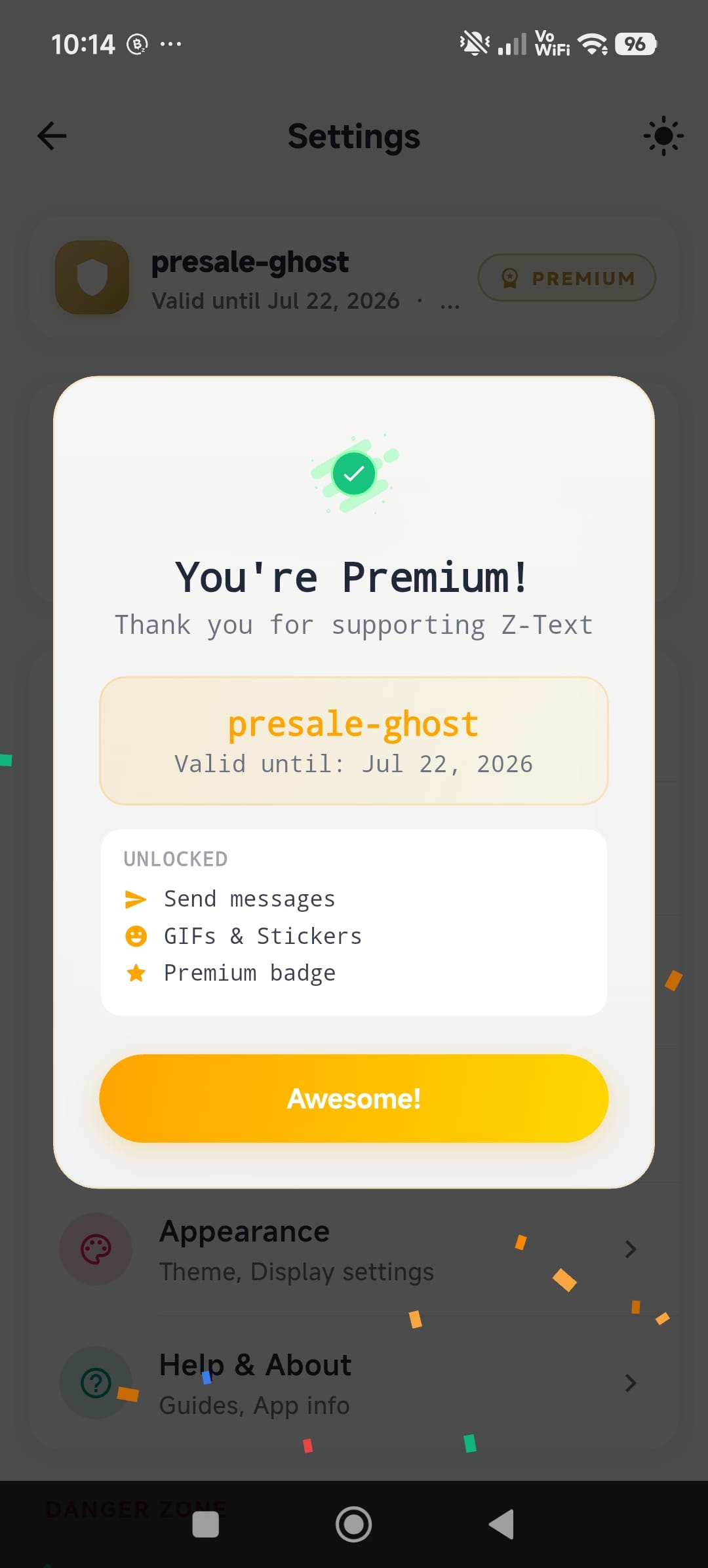 Z-TEXT Premium activated after redeeming a license code