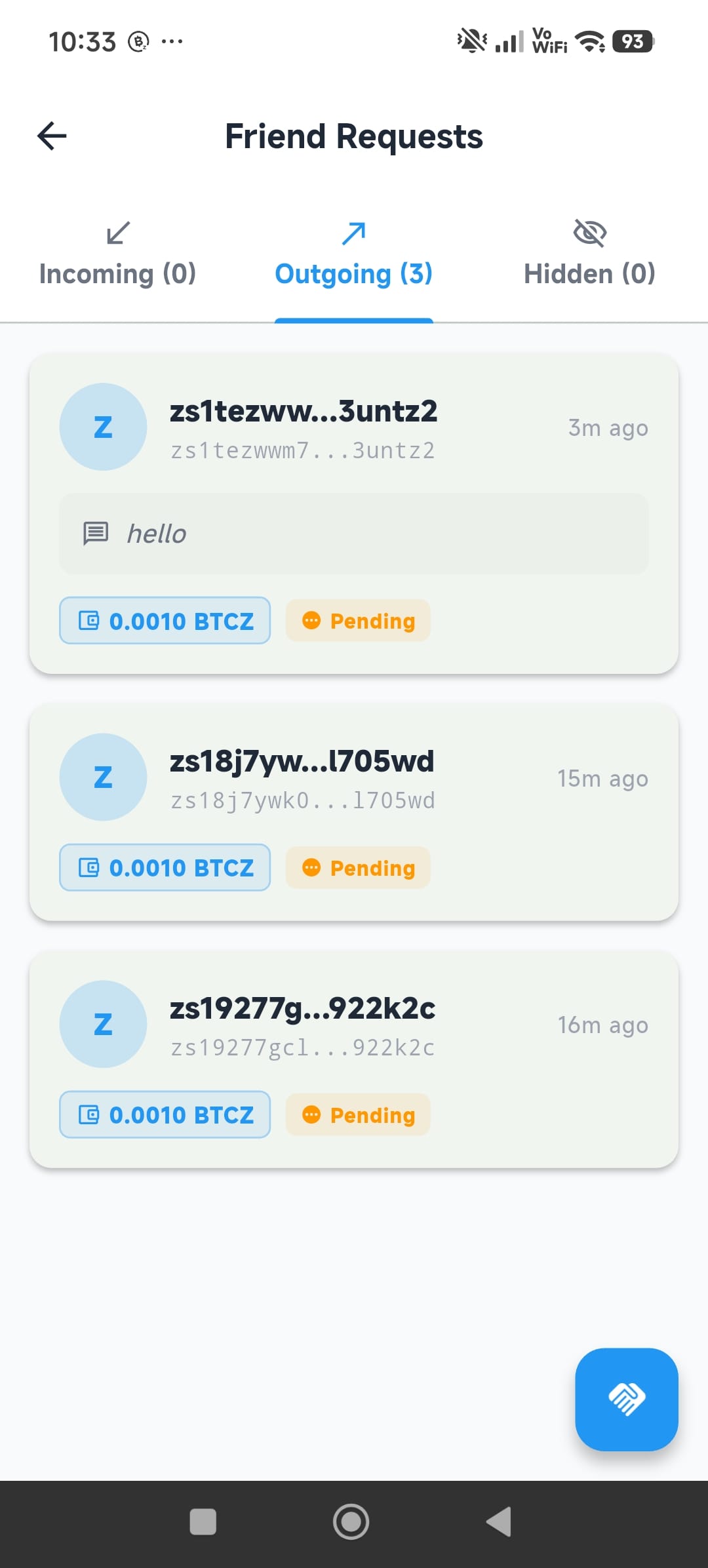 Z-TEXT contact handshake — pending requests awaiting approval
