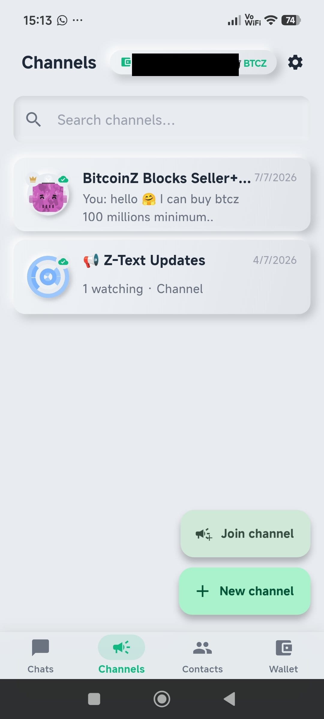 Z-TEXT Channels list on the app
