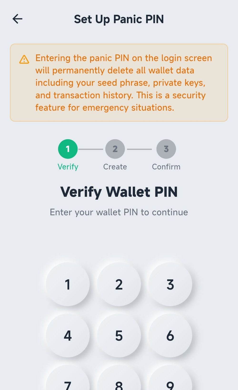 Z-TEXT panic PIN setup screen