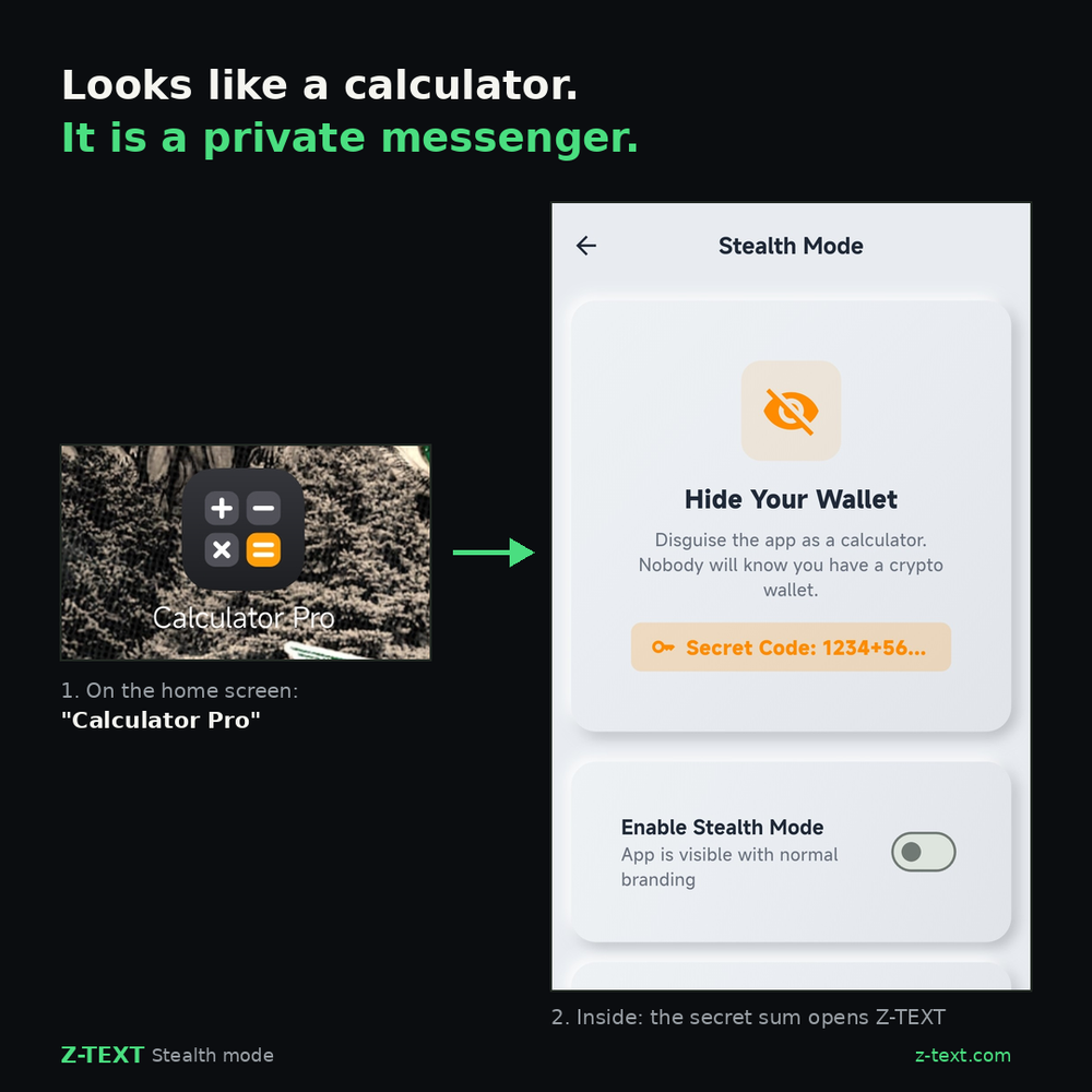 Z-TEXT stealth mode: the Calculator Pro icon on the home screen, and the Stealth Mode screen