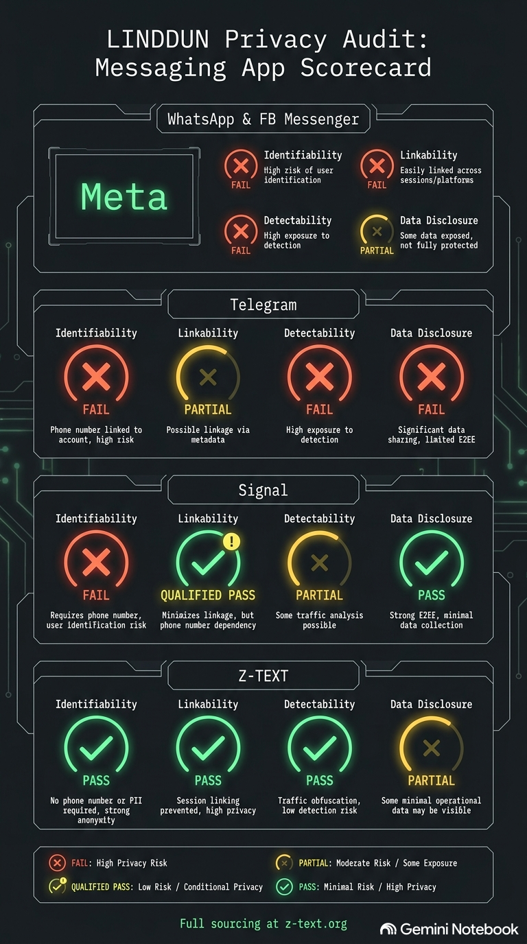LINDDUN privacy audit scorecard comparing WhatsApp, Facebook Messenger, Telegram, Signal, and Z-TEXT across four categories — Identifiability, Linkability, Detectability, and Data Disclosure 