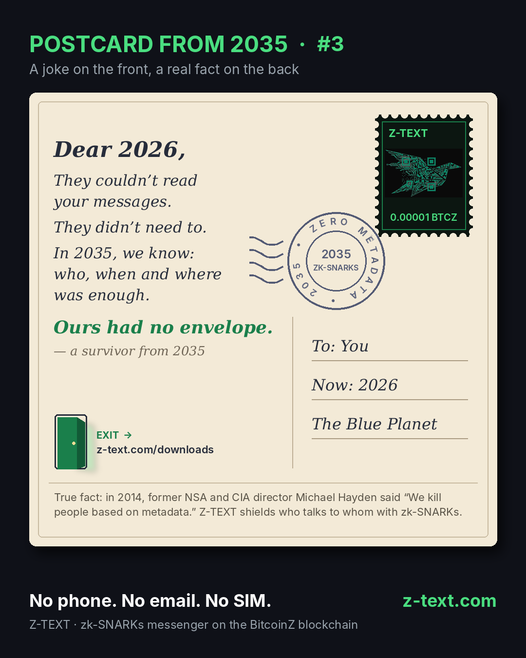 Postcard from 2035 #3: "They couldn't read your messages. They didn't need to." A Z-TEXT postcard about metadata, with a "Zero metadata" postmark and the quote "We kill people based on metada