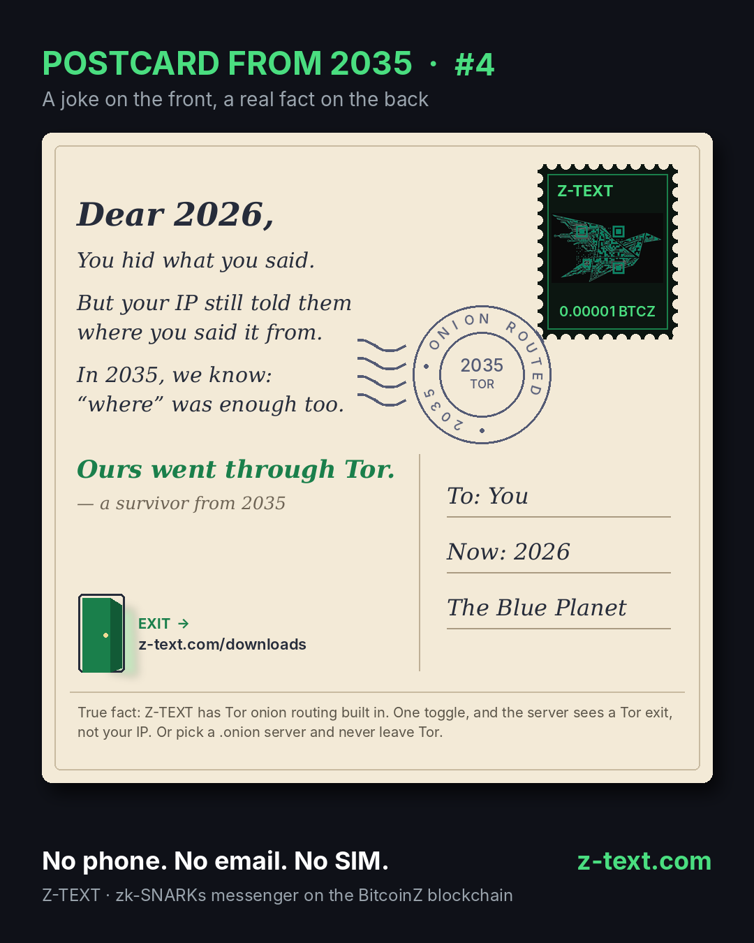 Postcard from 2035 #4: "You hid what you said. But your IP still told them where you said it from." A Z-TEXT postcard about Tor, with an "Onion routed" postmark.