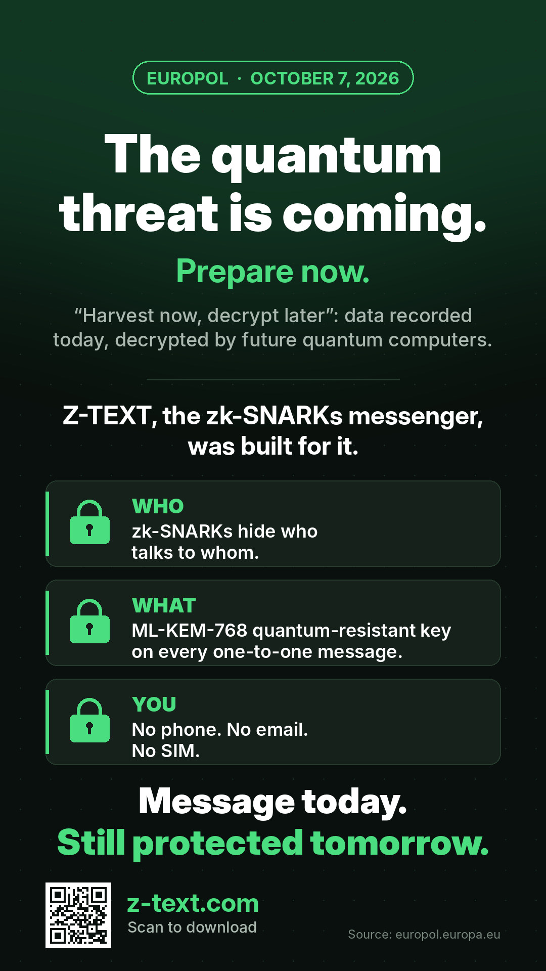 Europol, October 7, 2026: the quantum threat is coming. Z-TEXT protects three layers: who talks to whom (zk-SNARKs), what is said (ML-KEM-768 quantum-resistant key on every one-to-one message