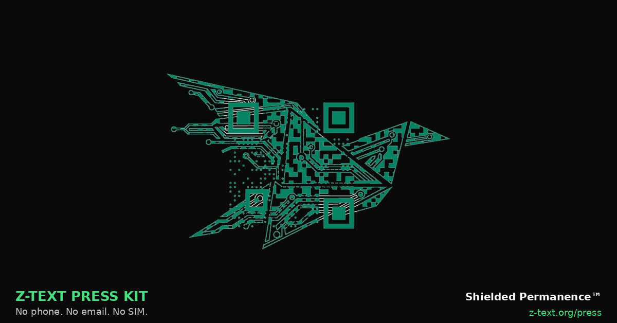 Z-TEXT press kit: green circuit-board bird on black, the Z-TEXT zk-SNARKs messenger logo. No phone, no email, no SIM. Shielded Permanence™.