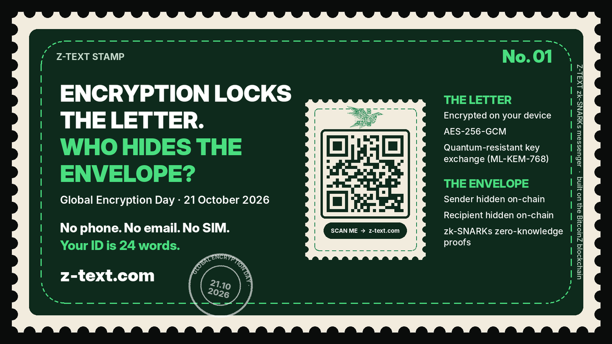 Z-TEXT stamp No. 01, Global Encryption Day 2026: encryption locks the letter (AES-256-GCM), zk-SNARKs hide the envelope (sender and recipient). QR code to z-text.com.