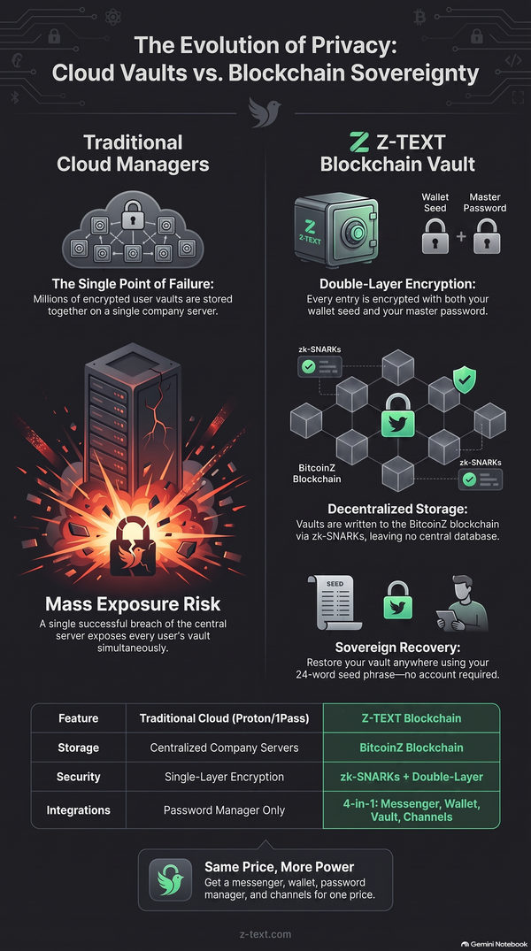 Infographic comparing traditional cloud password managers to Z-TEXT's blockchain password manager. Left side shows a cloud vault icon connected to a single central server, labeled "one breach