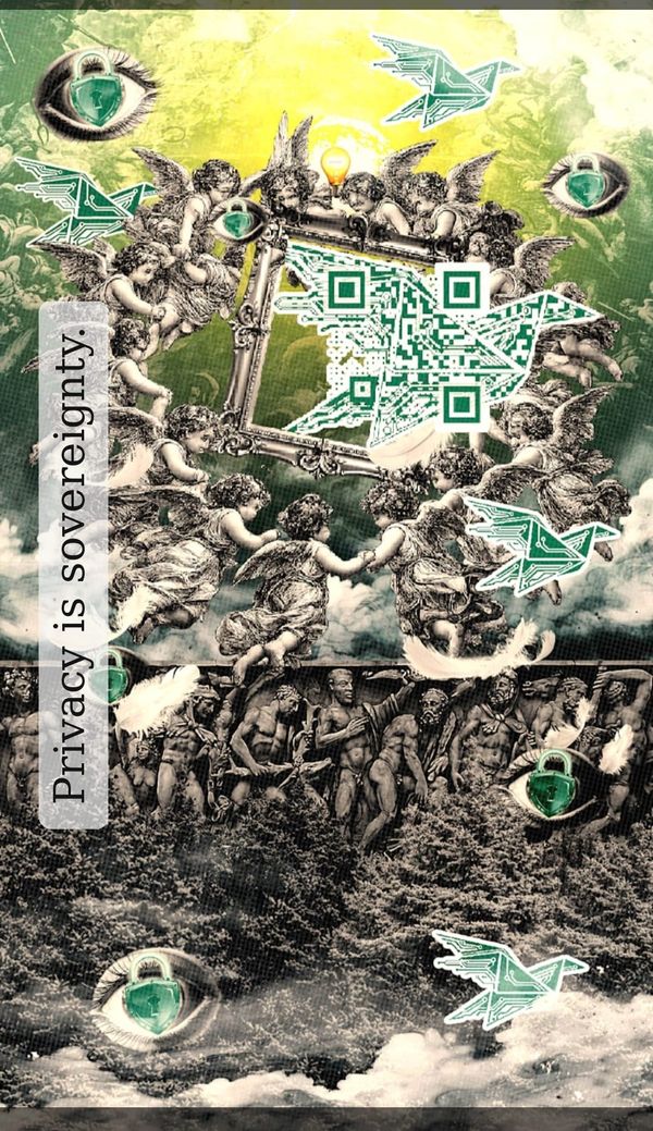 Z-TEXT privacy sovereignty artwork with QR code, angels, and circuit-pattern birds symbolizing zk-SNARKs blockchain messenger privacy
