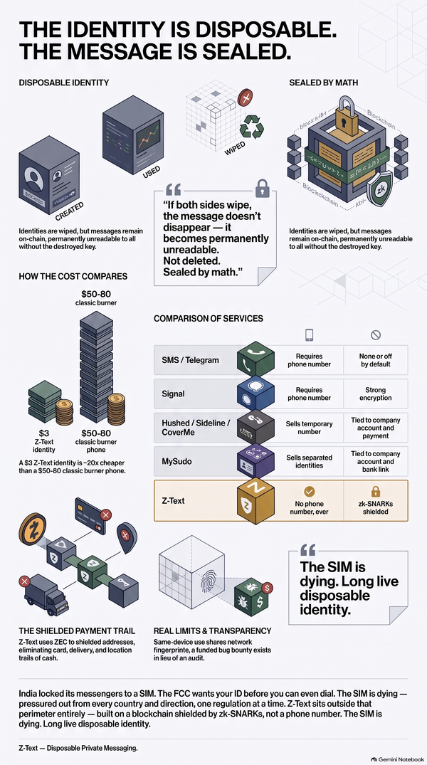Infographic titled "The Identity Is Disposable. The Message Is Sealed." comparing a $3 Z-Text disposable identity to a $50-80 burner phone, showing zk-SNARKs shielded messaging, a comparison 