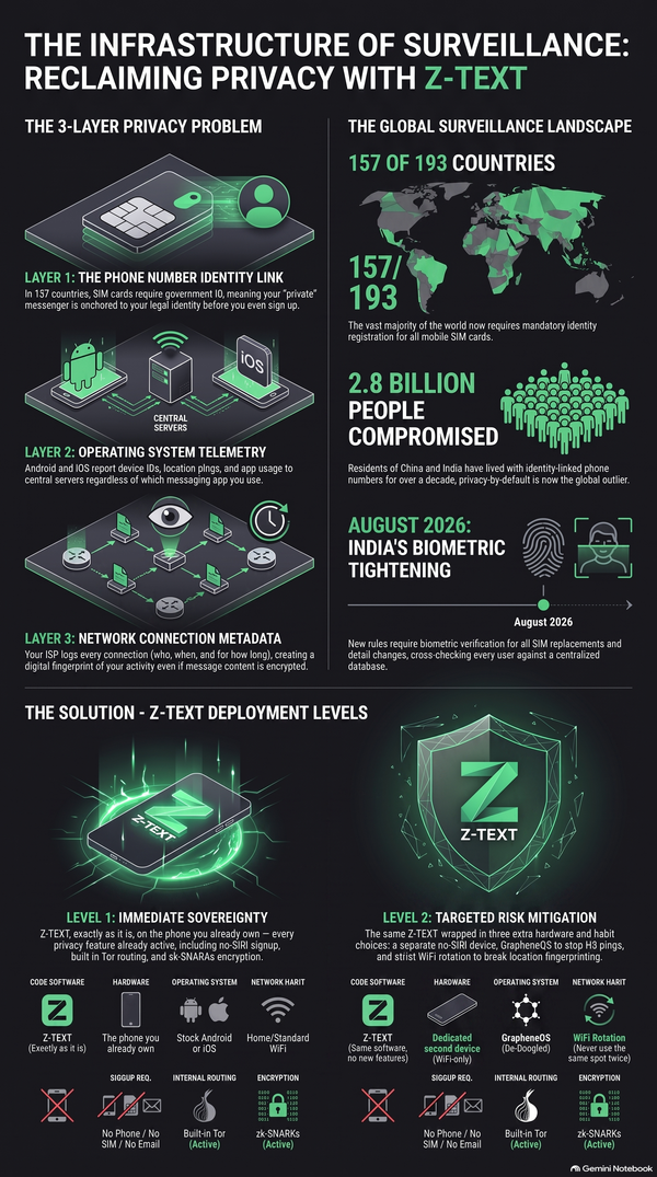 Infographic showing the three privacy layers tracked before any messaging app — phone number, operating system, and network connection — alongside Z-TEXT's no-SIM blockchain messenger fix and