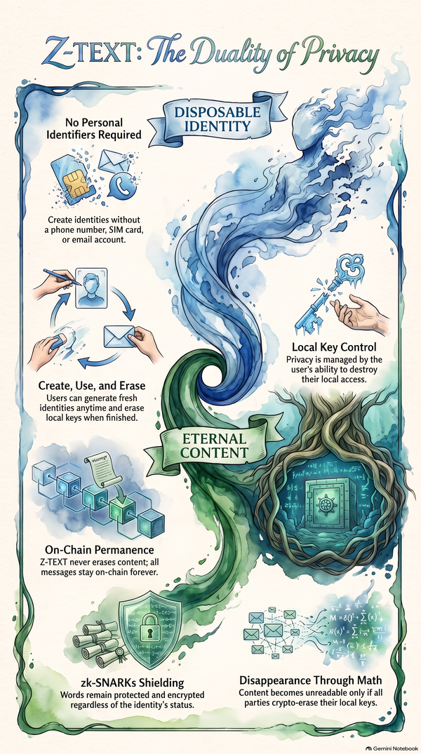 Infographic titled "The Duality of Z-TEXT: Disposable Identity, Eternal Content" showing six panels: anonymous creation without phone number or SIM, on-chain permanence, erasing a local key w