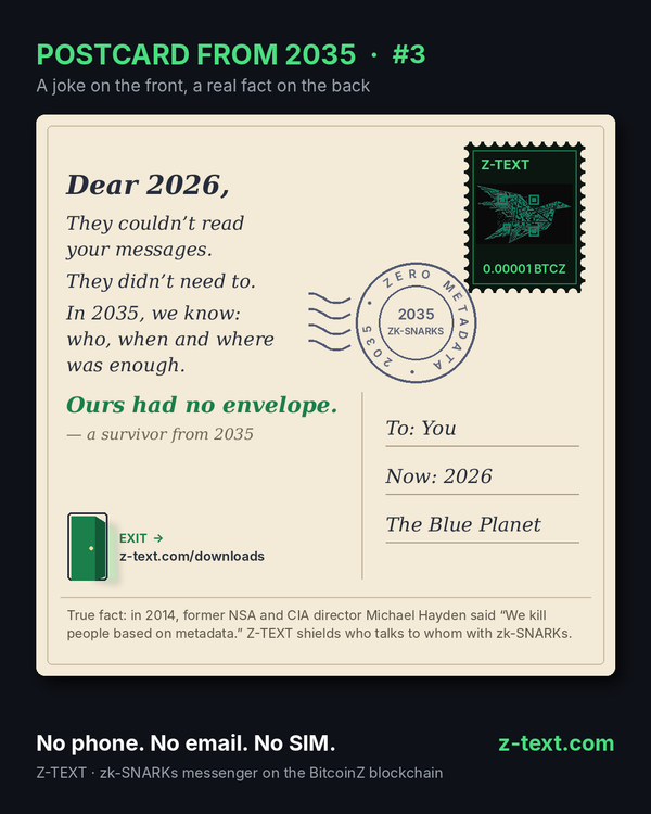 Postcard from 2035 #3: "They couldn't read your messages. They didn't need to." A Z-TEXT postcard about metadata, with a "Zero metadata" postmark and the quote "We kill people based on metada