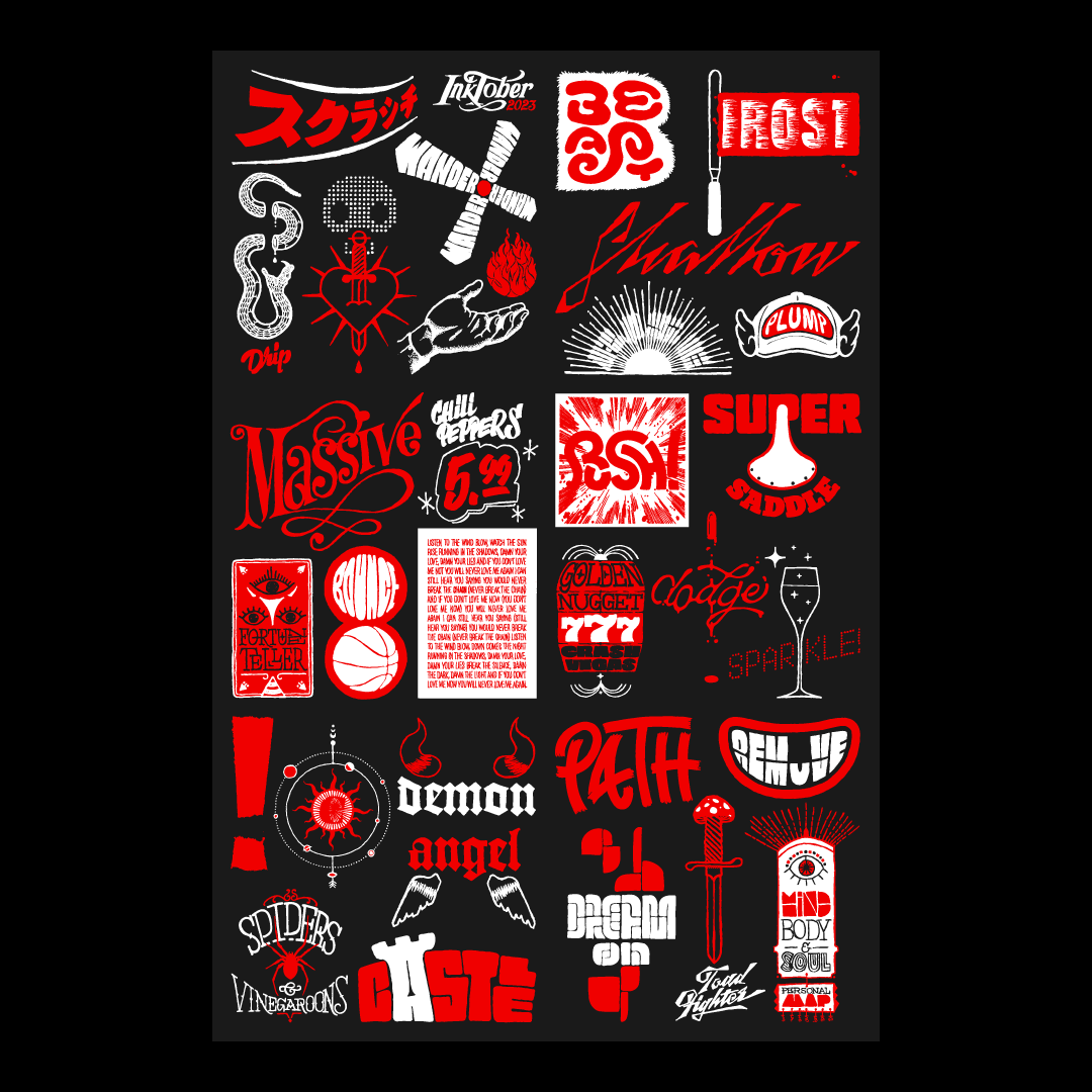 Poster mockup showcasing 31 drawings for Inktober 23.