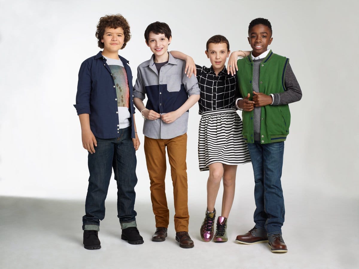 Гейтен Матараццо (Дастин), Финн Вулфард (Майк), Милли Бобби Браун (Одиннадцатая) и Калеб Маклафлин (Лукас)