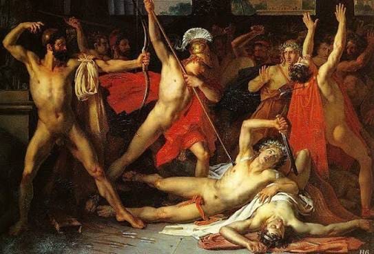 «Одиссей и Телемах убивают женихов Пенелопы», картина Луи Венсана Леона Пальера