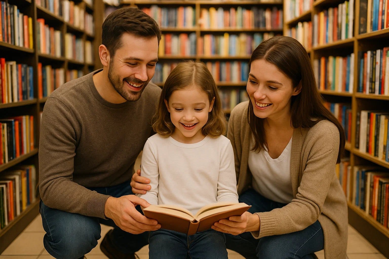 Родители и ребенок выбирают книгу