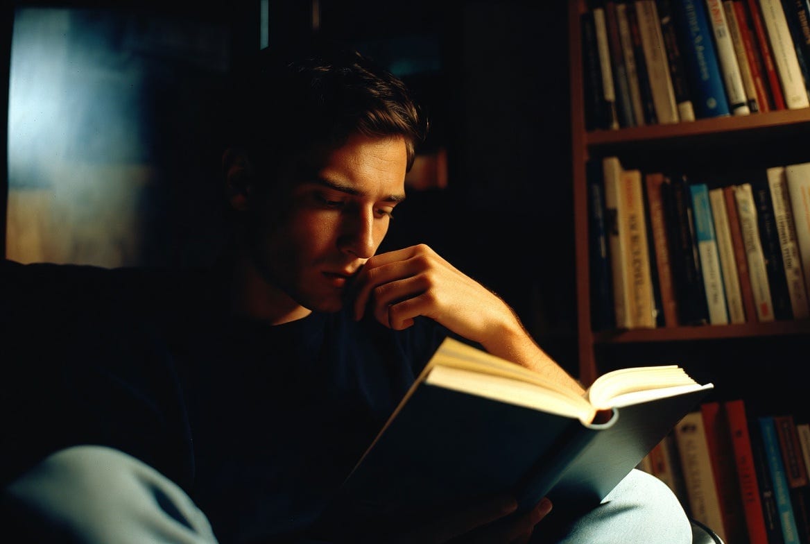 Молодой человек читает книгу