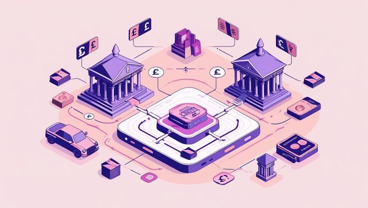 A stylized illustration depicting the concept of open banking, showcasing a network of interconnected APIs facilitating seamless payments and elements representing traditional banking