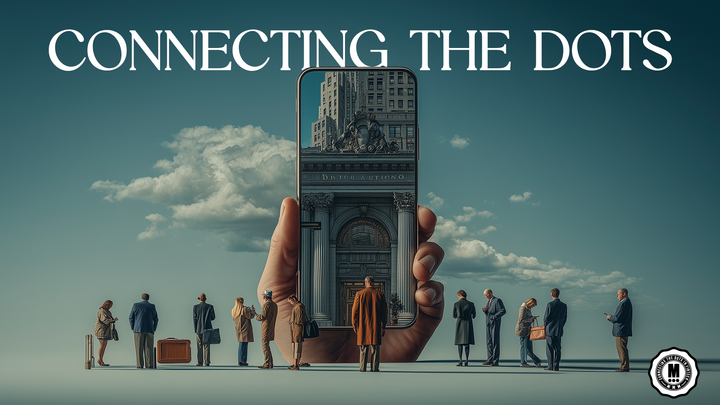 An illustration of a mobile phone screen dominated by a bank building image; people in smaller sizes than the phone are present. 