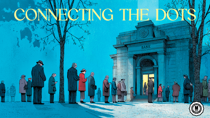 An illustration of people outside a bank, most of them looking at their phones, symbolising the importance of the human facto