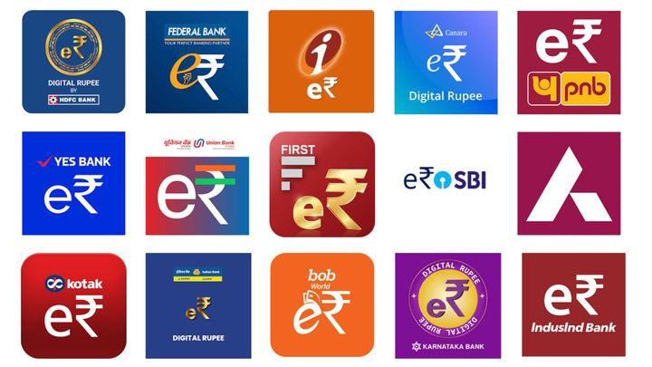 logo of banks' E-Rupee branding - HDFC, Federal Bank, ICICI, Canara, PNB, Yes Bank, Union Bank, SBI, Axis, Kotak, Indian Bank, BoB, Karnataka Bank, IndusInd