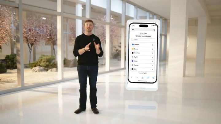 Visual of PayPal CEO Alex Chriss and representation of the Pay with Crypto feature