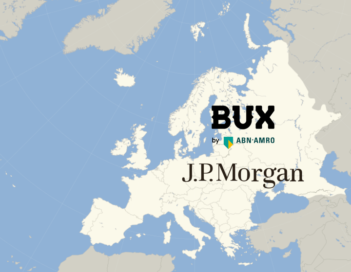 A visual representation of the partnership between ABN AMRO's BUX and J.P. Morgan on the Europe map