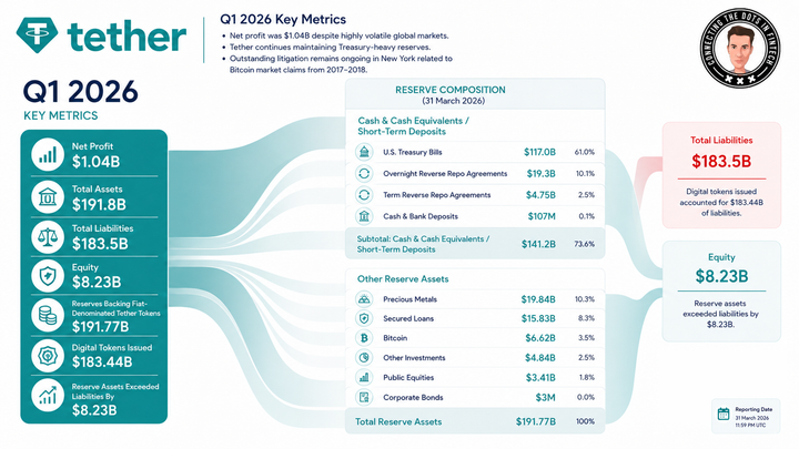 Infographic showing Tether Q1 2026 financial metrics, reserve composition, Treasury holdings, liabilities, equity, and reserve assets breakdown