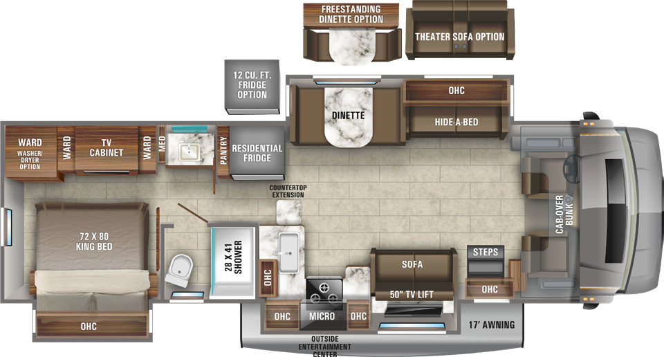 Jayco Seneca 37TS floor plan with slides extended: rear king bedroom, mid-coach bathroom and shower, kitchen and dinette with sofas in the living area, and front cab with an overhead bunk. Optional furniture and refrigerator configurations are shown above.