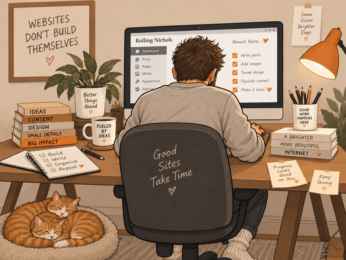 Illustration of someone building the Rolling Nichols website at a desk, with two cats asleep beside the chair.