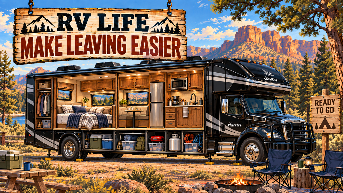 Cutaway motorhome illustration showing a stocked kitchen, made bed and organized storage beside a “Ready to Go” sign.