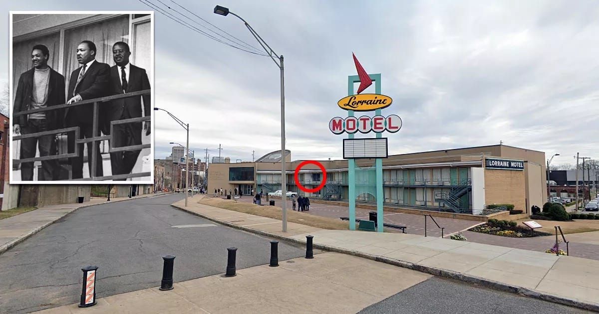 Exterior of the Lorraine Motel in Memphis with its vintage sign, motel rooms, and an inset historic photograph of Martin Luther King Jr. on the balcony.