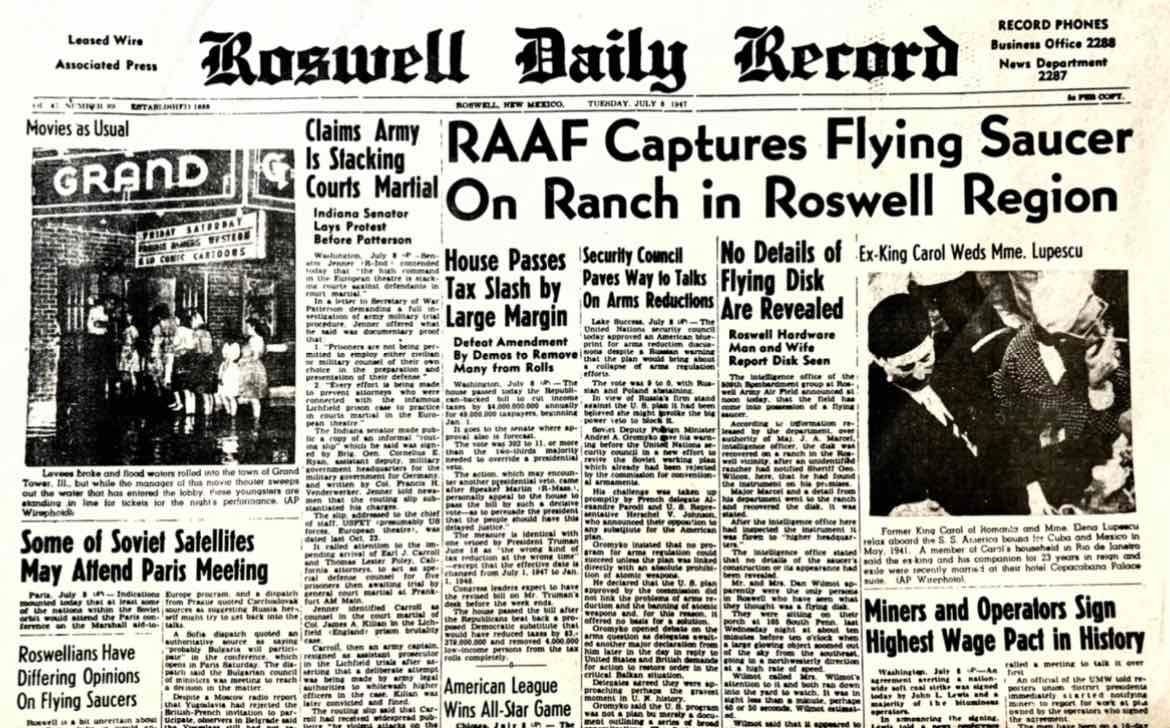 Front page of the Roswell Daily Record with the headline “RAAF Captures Flying Saucer On Ranch in Roswell Region.”