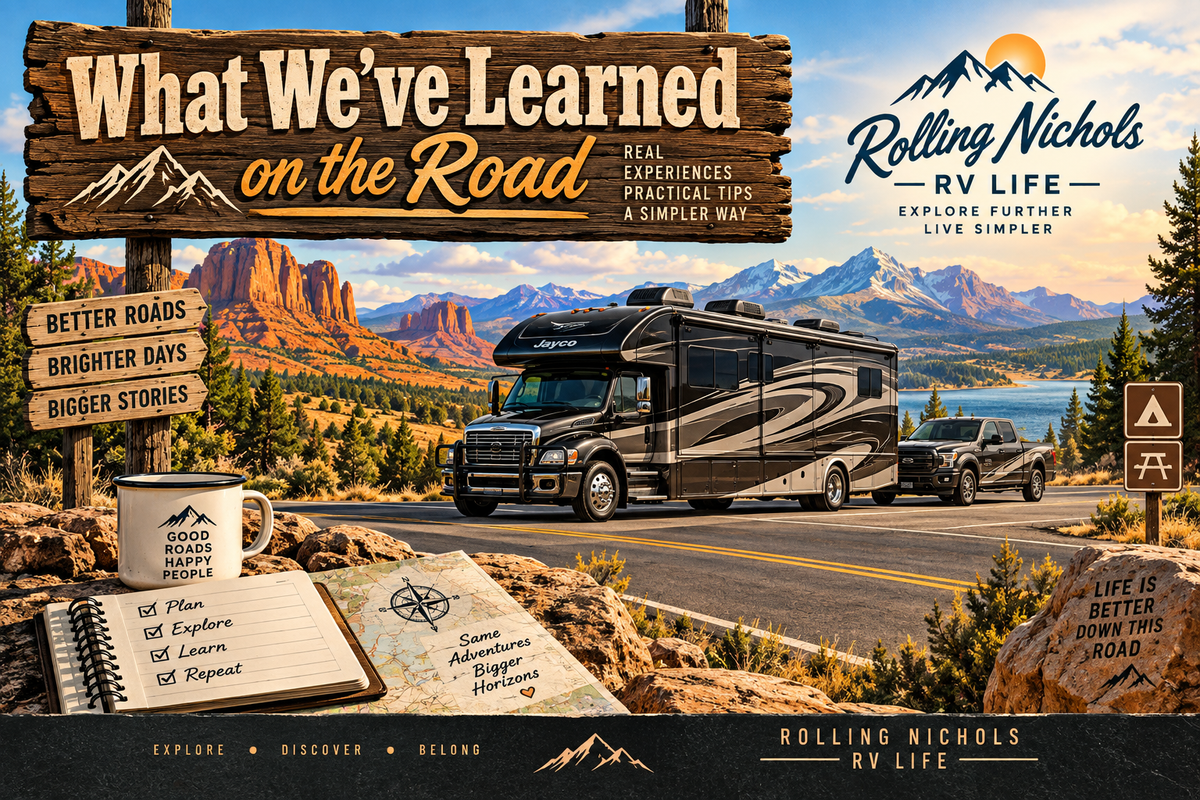 Motorhome travel illustration with a notebook checklist reading “Plan, Explore, Learn, Repeat.”