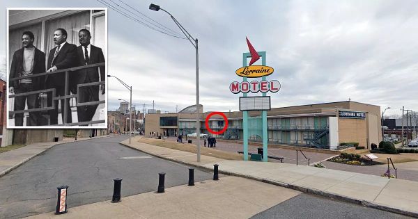 Exterior of the Lorraine Motel in Memphis with its vintage sign, motel rooms, and an inset historic photograph of Martin Luther King Jr. on the balcony.
