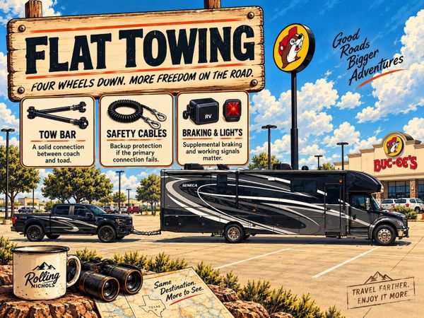 Flat-towing illustration showing a pickup behind a motorhome, with a tow bar, safety cables, supplemental braking and lights.
