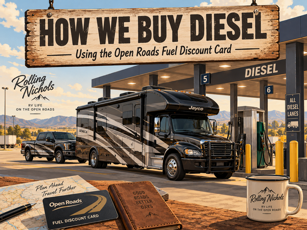 Illustration of a motorhome and pickup at truck-stop diesel pumps, with an Open Roads fuel discount card in the foreground.