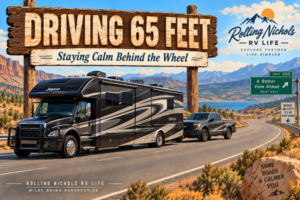 Illustration of a motorhome towing a pickup on a winding road, with the message “Staying Calm Behind the Wheel.”