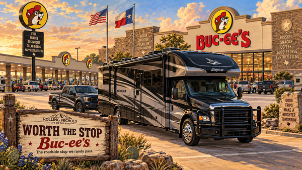 Illustration of a motorhome and pickup outside Buc-ee’s at sunset, beside a “Worth the Stop” sign.