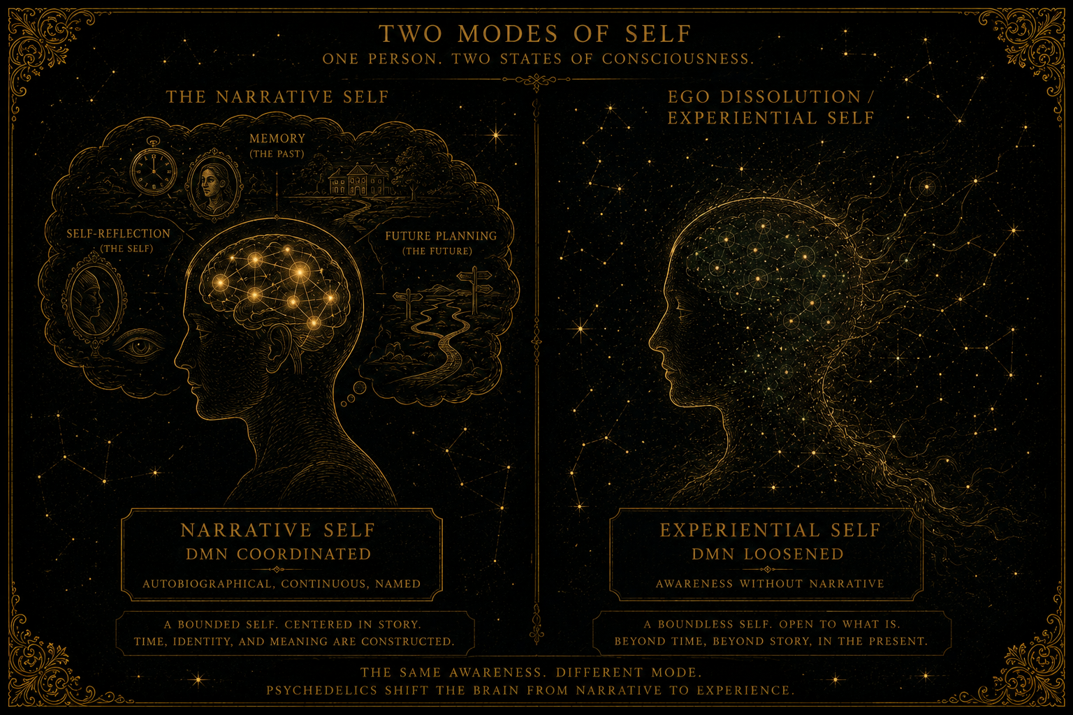 Two silhouettes: left, bounded narrative self with memory, future planning, self-reflection imagery and coordinated DMN; right, dissolved experiential self.