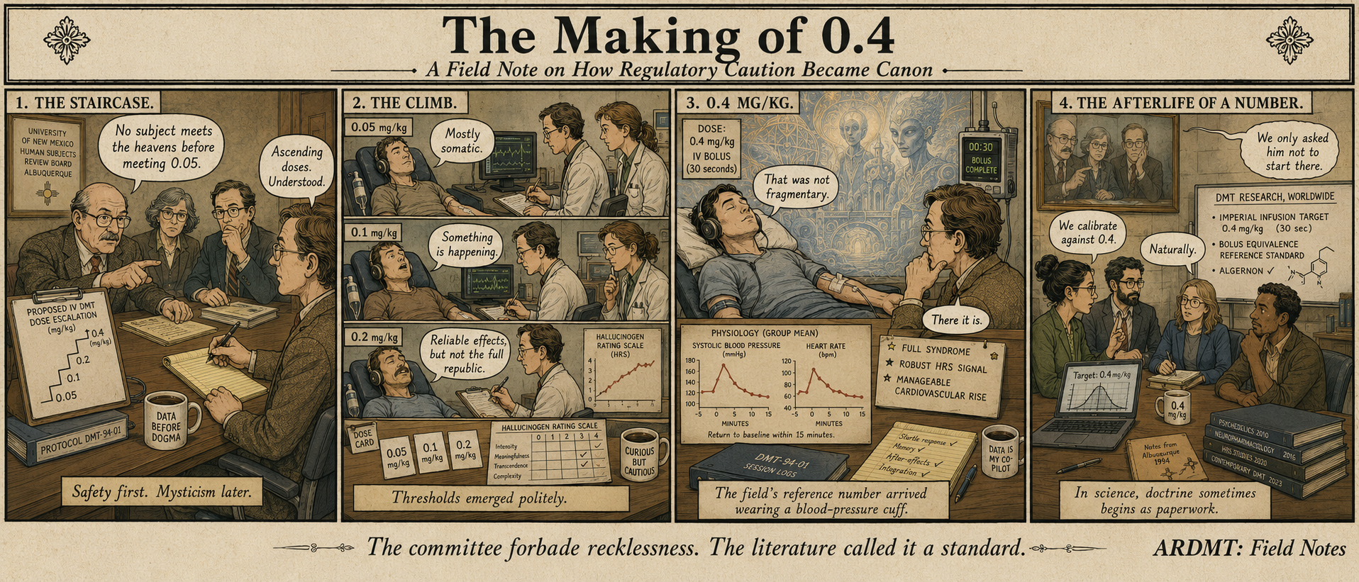 Four-panel sepia field note "The Making of 0.4" tracing how Strassman's 1994 UNM IV DMT protocol escalated from 0.05 to 0.4 mg/kg and became canon.