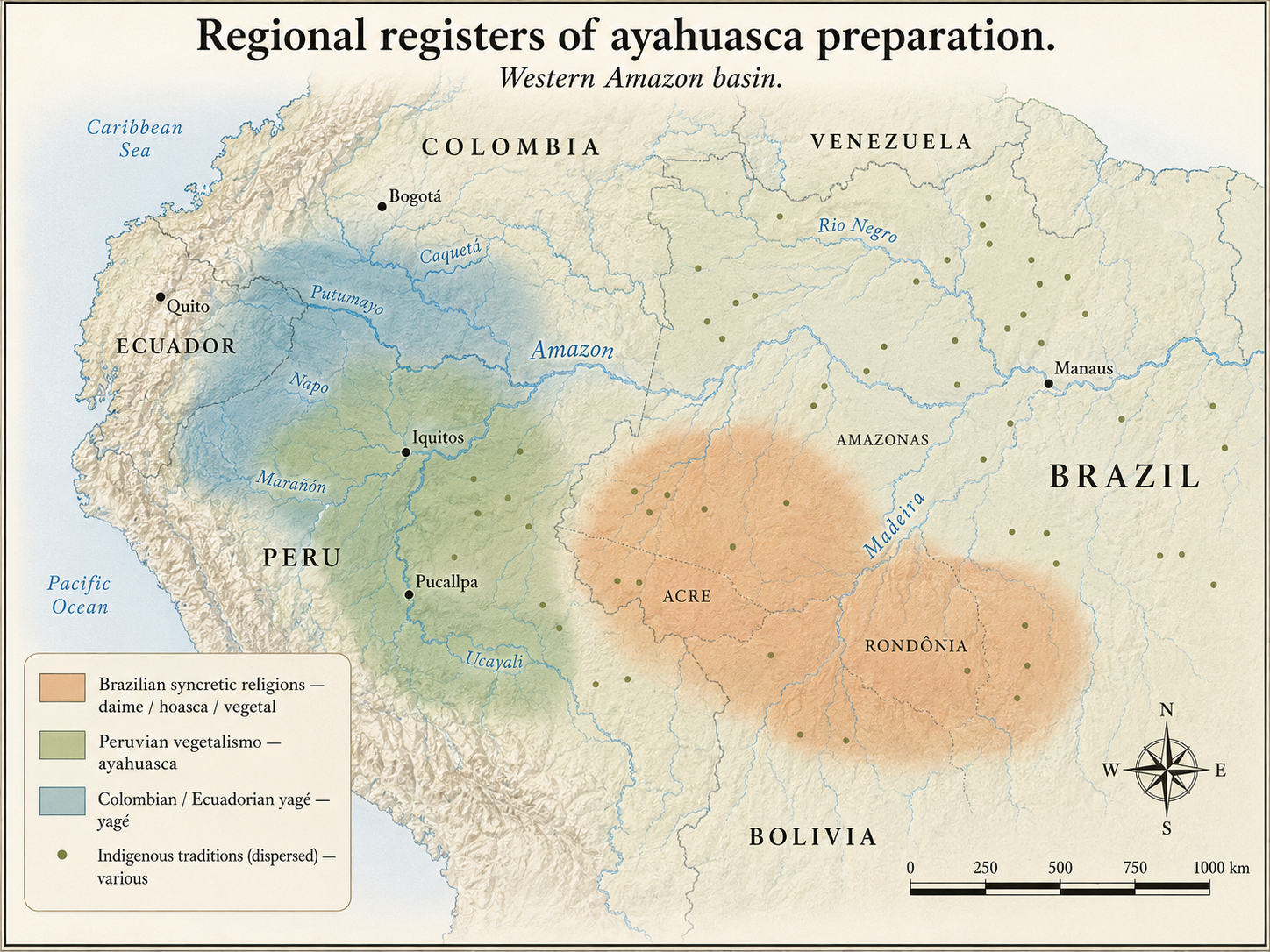 Map of the western Amazon basin showing four colour-coded regional ayahuasca traditions across Brazil, Peru, Colombia, Ecuador, Venezuela, and Bolivia.