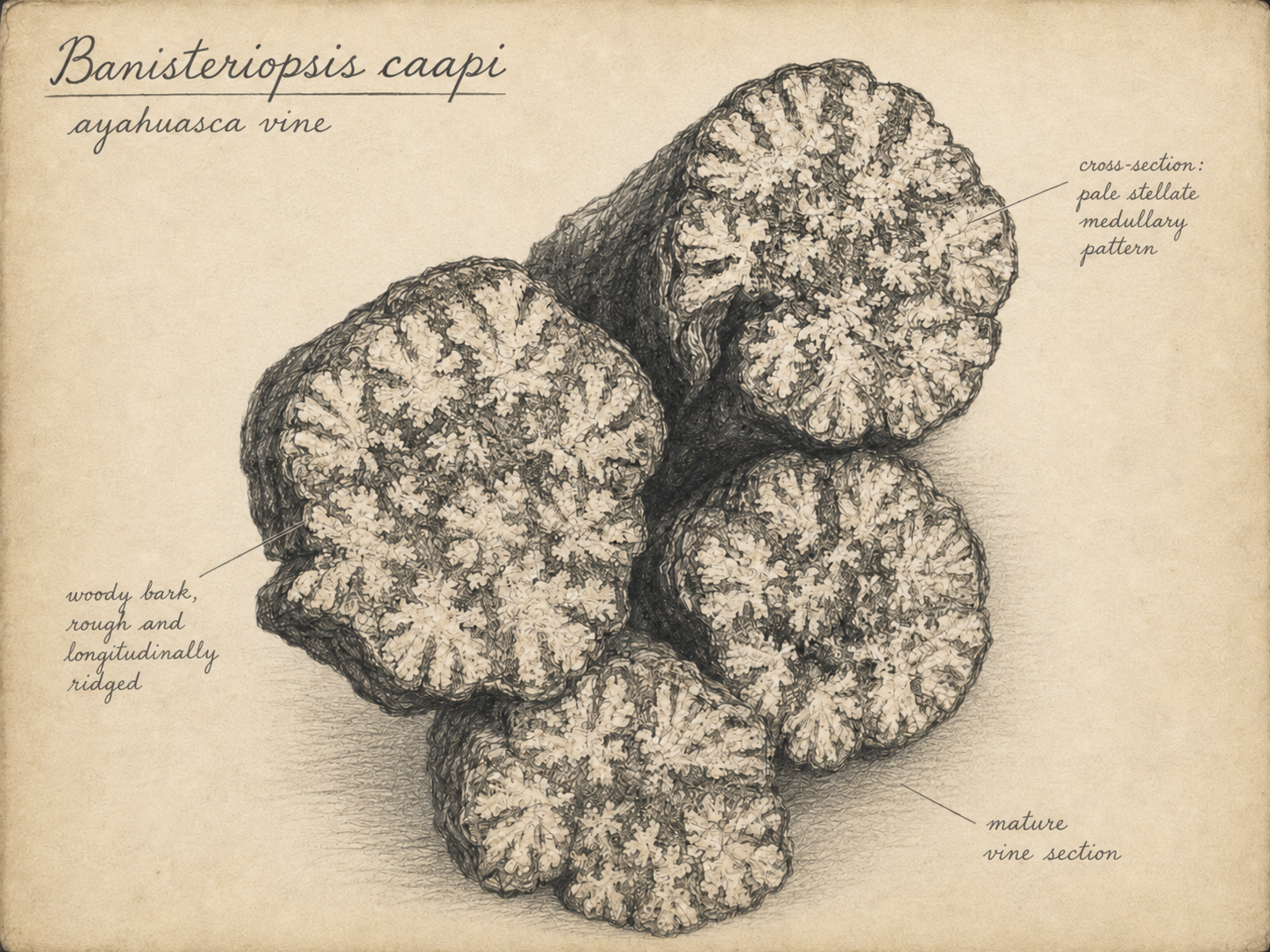Botanical illustration of Banisteriopsis caapi vine cross-sections showing the characteristic pale stellate medullary pattern and rough longitudinally ridged bark.