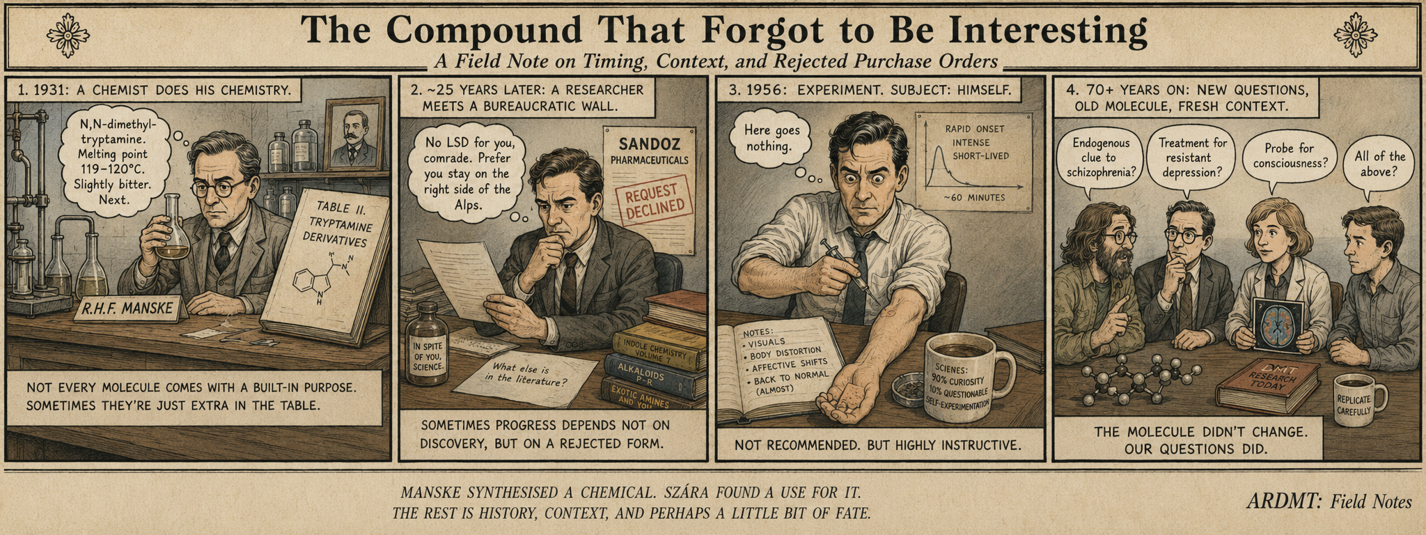 Four-panel comic on DMT's history: Manske synthesises it in 1931, Szára can't get LSD from Sandoz, self-experiments with DMT in 1956, modern research follows.