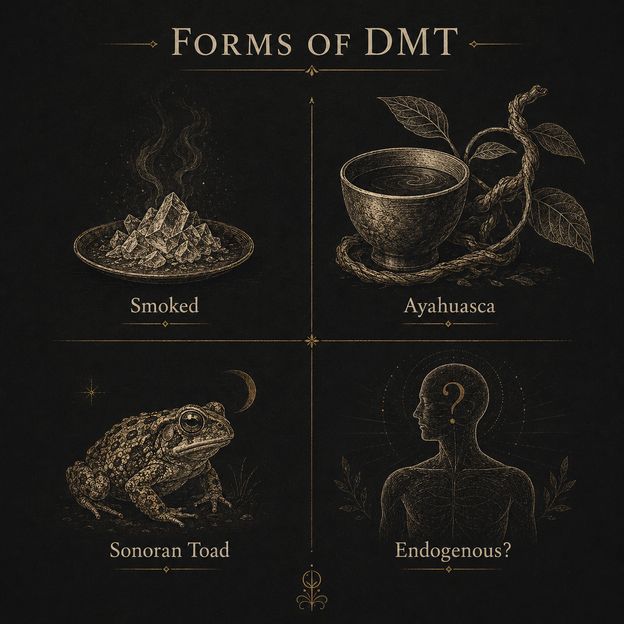 Four-panel illustration showing the principal forms in which DMT occurs: vaporised crystalline N,N-DMT, ayahuasca brew with the Banisteriopsis caapi vine and Psychotria viridis leaf, the Sonoran Desert toad (source of 5-MeO-DMT), and a stylised human figure representing endogenous DMT.