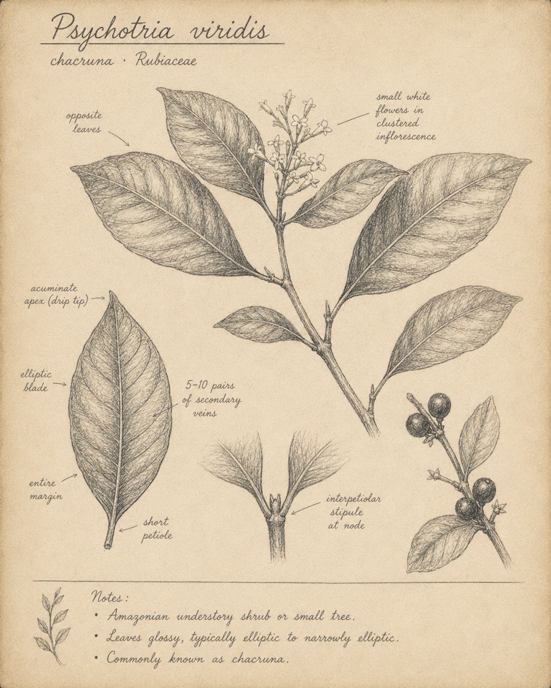 Botanical illustration of Psychotria viridis showing opposite glossy leaves, white clustered flowers, red berries, and interpetiolar stipule.