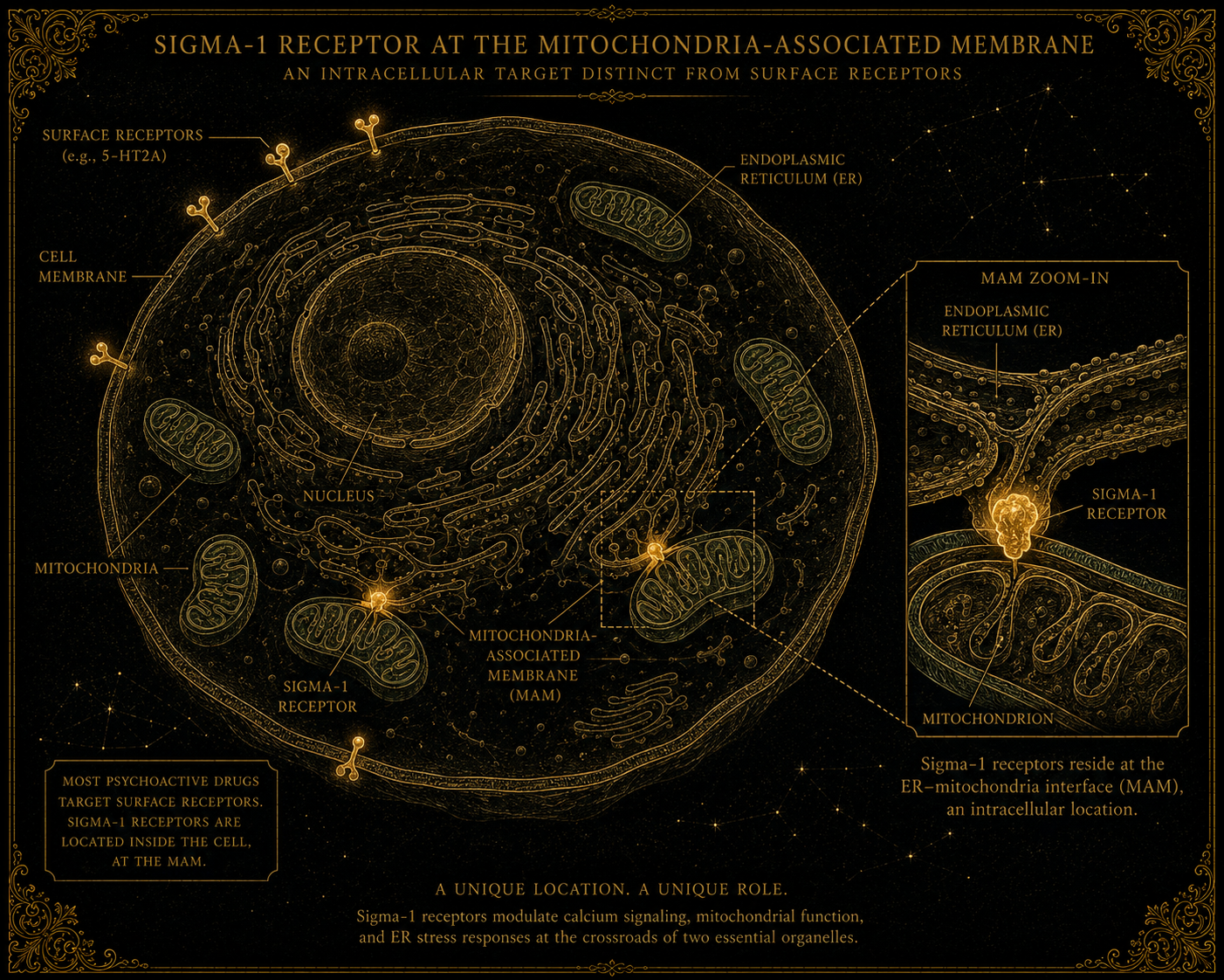 Cross-section of a cell showing the sigma-1 receptor at the mitochondria-associated membrane, contrasted with surface receptors on the outer cell membrane.