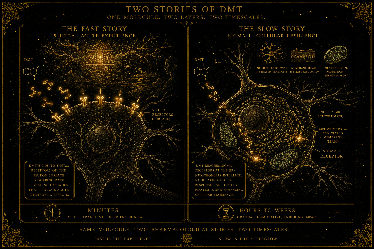 Side-by-side panels showing DMT's two pharmacological stories: 5-HT2A surface receptors driving acute experience, sigma-1 intracellular slow cellular effects.